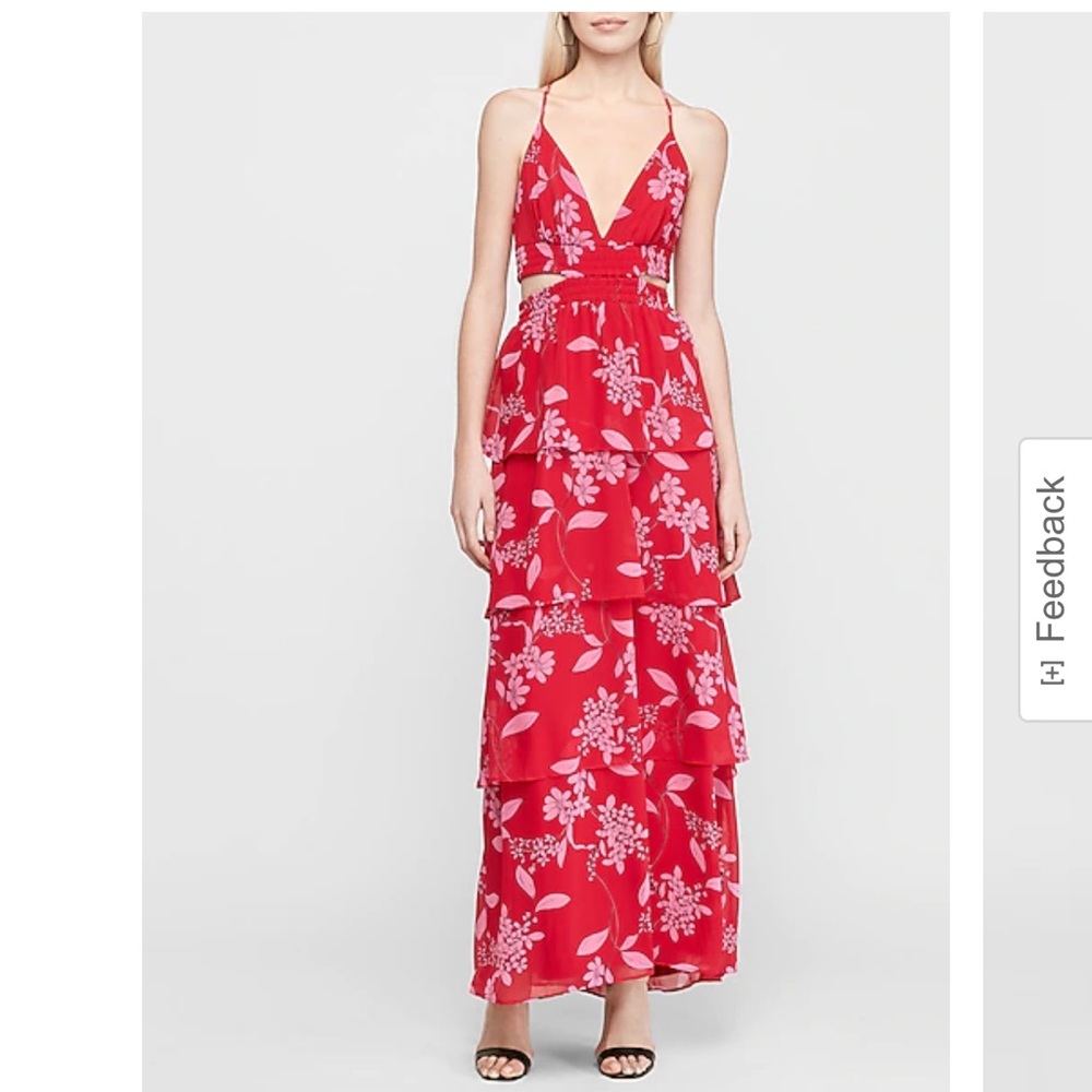 NWT Express Pink Floral Tiered Cutout Twist Back Maxi Dress Medium Wedding Guest